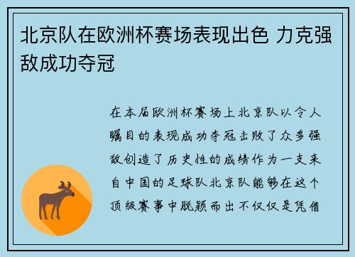 北京队在欧洲杯赛场表现出色 力克强敌成功夺冠