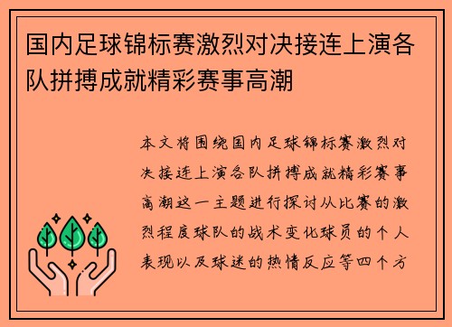 国内足球锦标赛激烈对决接连上演各队拼搏成就精彩赛事高潮
