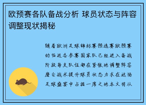 欧预赛各队备战分析 球员状态与阵容调整现状揭秘