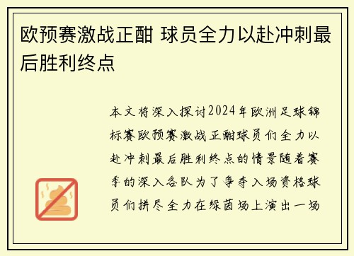 欧预赛激战正酣 球员全力以赴冲刺最后胜利终点