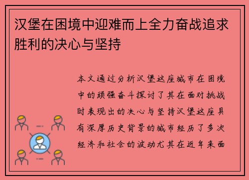 汉堡在困境中迎难而上全力奋战追求胜利的决心与坚持