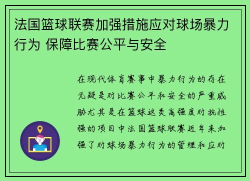 法国篮球联赛加强措施应对球场暴力行为 保障比赛公平与安全