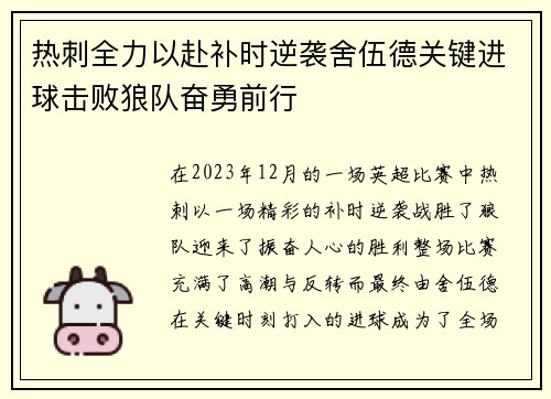 热刺全力以赴补时逆袭舍伍德关键进球击败狼队奋勇前行