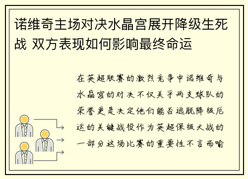诺维奇主场对决水晶宫展开降级生死战 双方表现如何影响最终命运