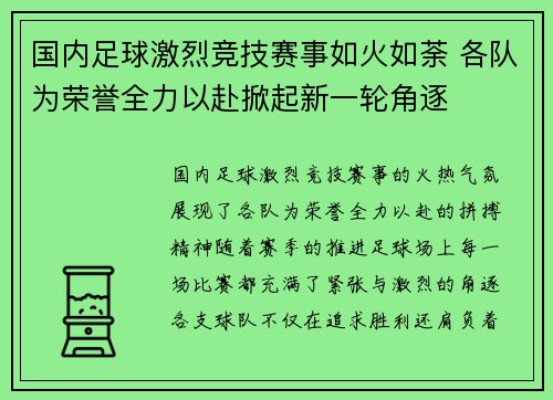 国内足球激烈竞技赛事如火如荼 各队为荣誉全力以赴掀起新一轮角逐